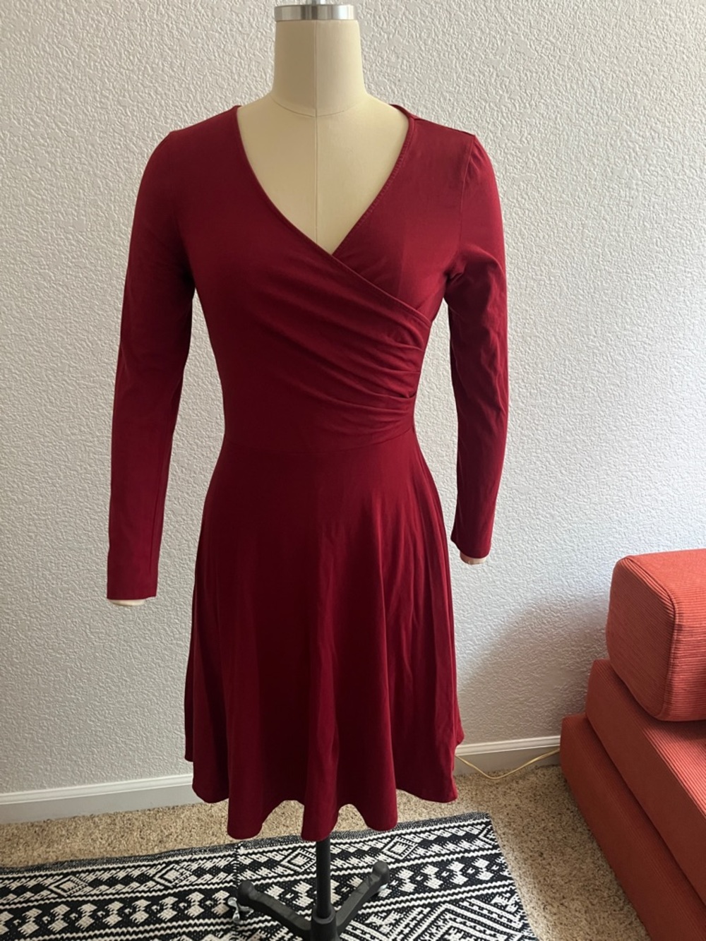 Women's Long Sleeve Wrap Dress in Deep Wine Red